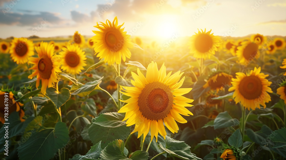 Summer field of sunflowers, with golden blooms stretching towards the sun, creating a vibrant and cheerful landscape under a cloudless sky