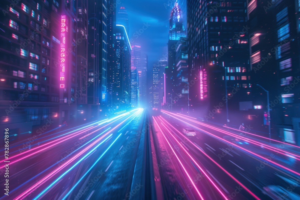 A city street with neon lights and cars driving down the road