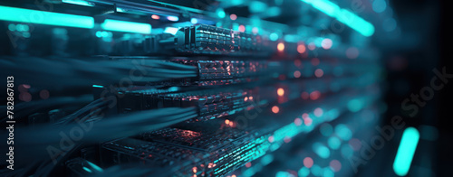 A closeup of data center server of glowing data cables transferring information.