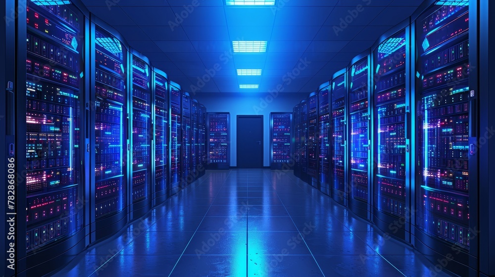 Telecommunications: A 3D vector illustration of a network server room with racks of servers