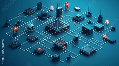 Telecommunications: A 3D vector illustration of a network switch connecting various devices