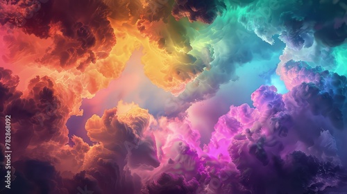 An avant-garde sky with neon clouds in a spectrum of colors, resembling an artist's palette. The colors blend and merge in a fluid, dynamic pattern. 32k, full ultra HD, high resolution