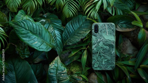 Smartphone design with a casing made from recycled materials, set against a backdrop of lush foliage to emphasize its green credentials.  photo