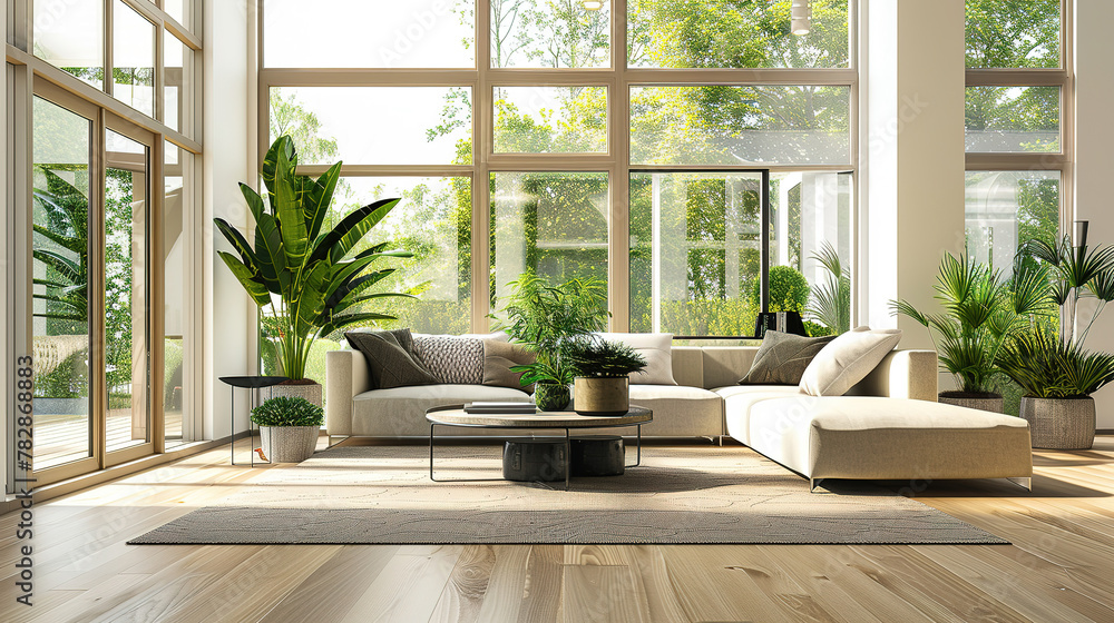 A spacious modern living room, with sleek furniture and green plants accentuating the luxury, large windows casting soft light on the wooden floor 