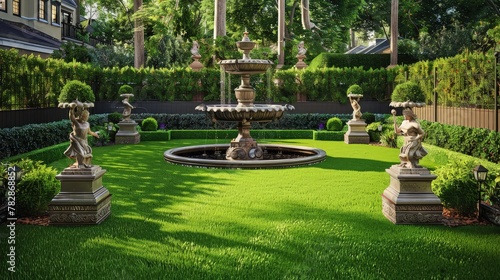 An elegant backyard with a manicured lawn and a classic fountain in the center. Ornate garden statues are strategically placed, and there are neatly trimmed hedges along the fence.  © muhammad