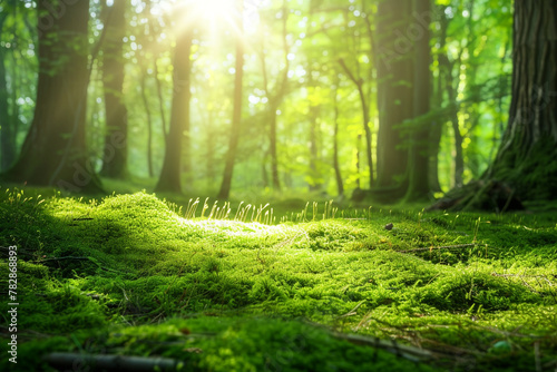 Sunlight filtering through the canopy of a dense forest onto a moss-covered forest floor. © alishba Lishay