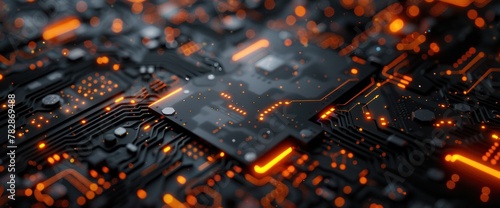A close up of a computer chip with orange lights