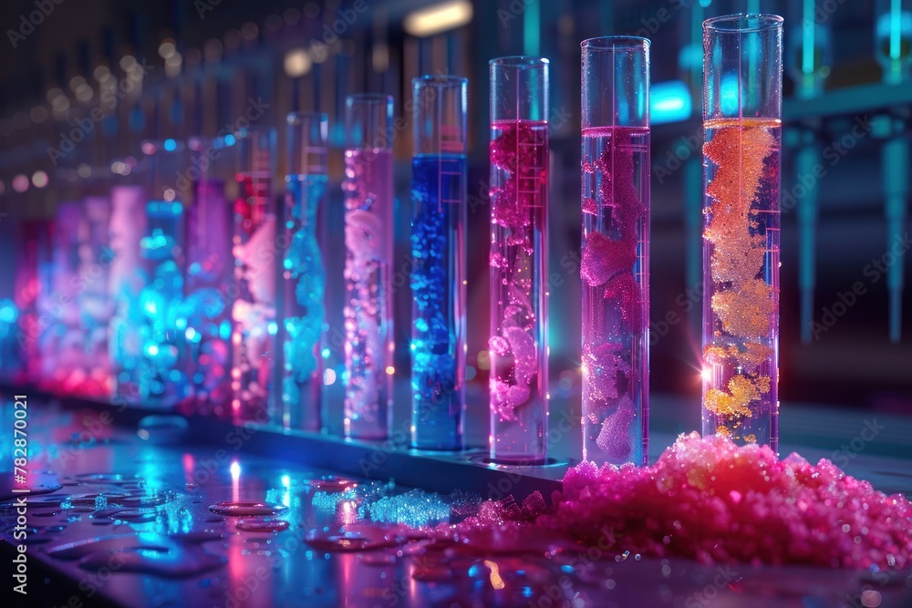 A row of colorful test tubes filled with different colored liquids A row of colorful test tubes filled with different colored liquids