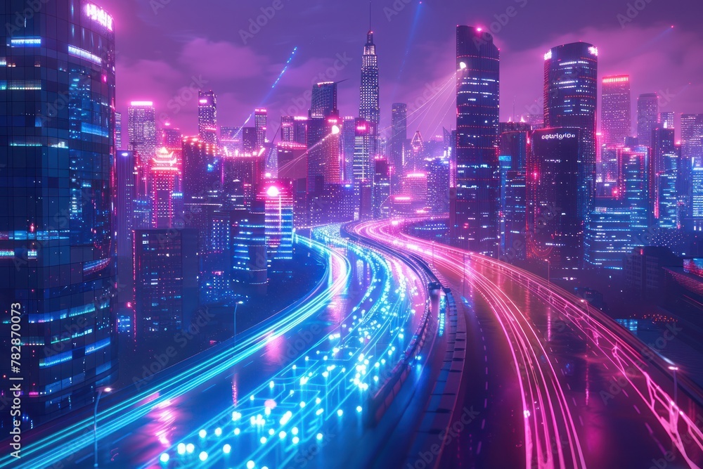 A cityscape with neon lights and a highway with cars driving down it