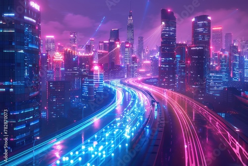 A cityscape with neon lights and a highway with cars driving down it