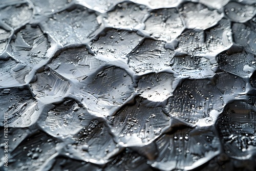 Silver Textured Surface with Dewdrops. Concept Macro Photography, Nature's Details, Textured Patterns, Water Droplets, Close-Up Shots photo