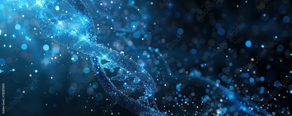 A blue and white image of a DNA strand with many small dots A blue and white image of a DNA strand with many small dots
