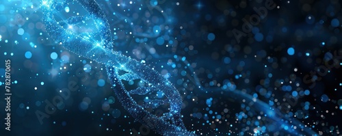 A blue and white image of a DNA strand with many small dots