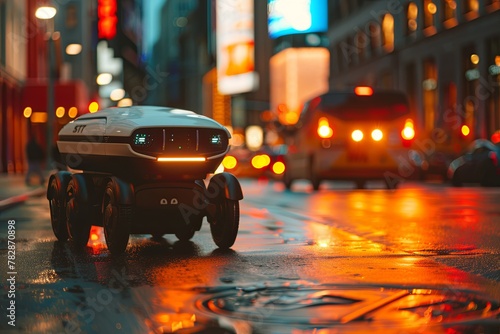 Robotic vehicle with glowing tires drives through city streets at night