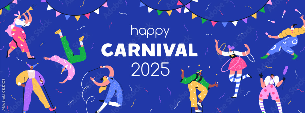 Carnival banner design. Happy festival background template, clowns, acrobats and jesters. Carnaval party, street festive show, circus event, holiday fun and entertainment. Flat vector illustration - obrazy, fototapety, plakaty 