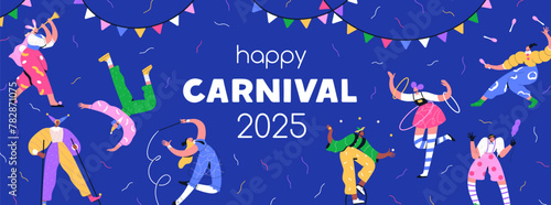 Carnival banner design. Happy festival background template, clowns, acrobats and jesters. Carnaval party, street festive show, circus event, holiday fun and entertainment. Flat vector illustration © Good Studio