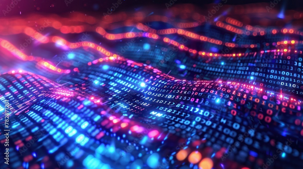 A computer screen with a blue and red wave of numbers A computer screen with a blue and red wave of numbers