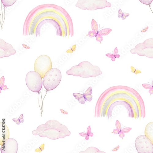 pink rainbow butterflies balloons clouds © Natalia