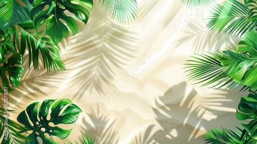Tropical leaves casting shadows on a sunny sand textured background