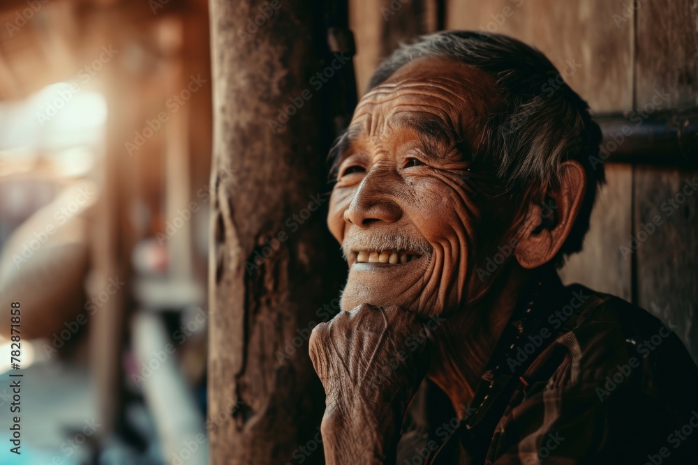 Old asian woman with a smile on her face in the village.