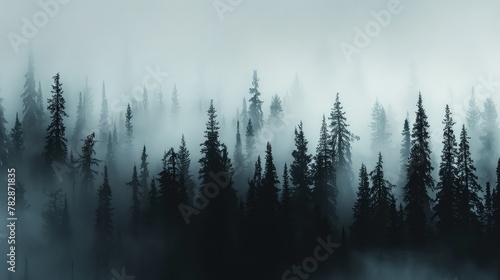 Silhouettes of ancient, towering trees in a dark forest, barely visible through a thick blanket of fog against a white sky. 