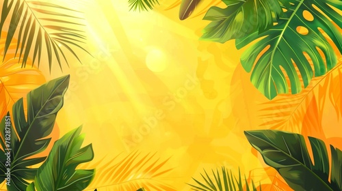 Vibrant tropical background with sun rays and lush green palm leaves.