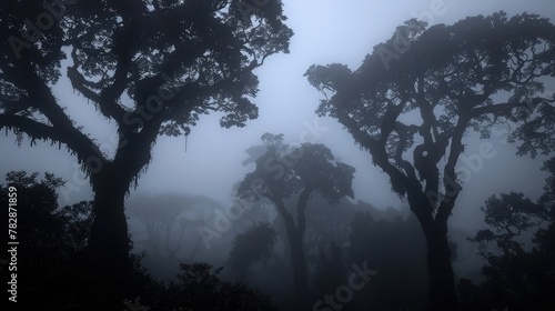 Silhouettes of ancient  towering trees in a dark forest  barely visible through a thick blanket of fog against a white sky.