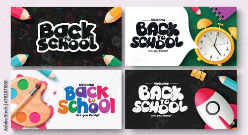 Back to school text vector banner design. Welcome back to school greeting with color pencil, water color, alarm clock and rocket ship elements in doodle background collection. Vector illustration 