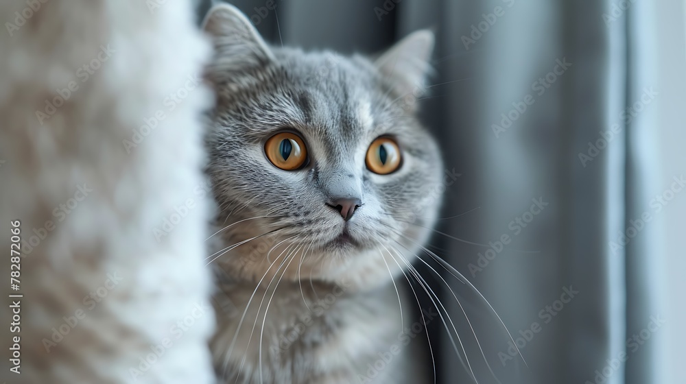 A captivating British Shorthair cat with striking amber eyes peeks out beside a white surface, displaying curiosity and attentiveness. A captivating British Shorthair cat with striking amber eyes peeks out beside a white surface, displaying curiosity and attentiveness.