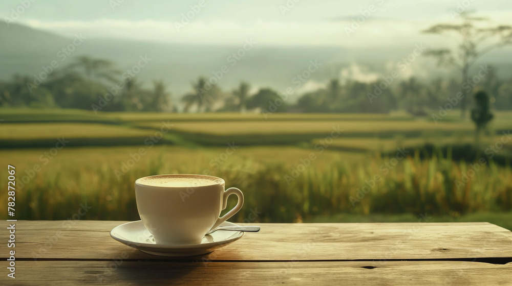 Hot coffee cups on wooden table with morning rice field background