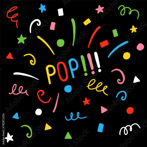 Confetti vector banner background with colorful serpentine ribbons, place for yours text at the center. Anniversary, celebration, greeting illustration in flat simple cartoon style with fun explosion.