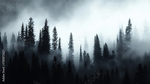 The stark silhouette of tall pine trees against a bright white sky, shrouded in dense fog in a dark forest © muhammad