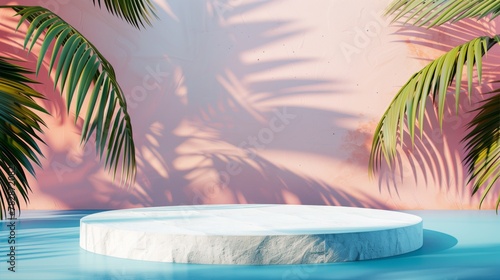 A minimalist tropical scene with white podium and palm leaf shadows on a pink wall.