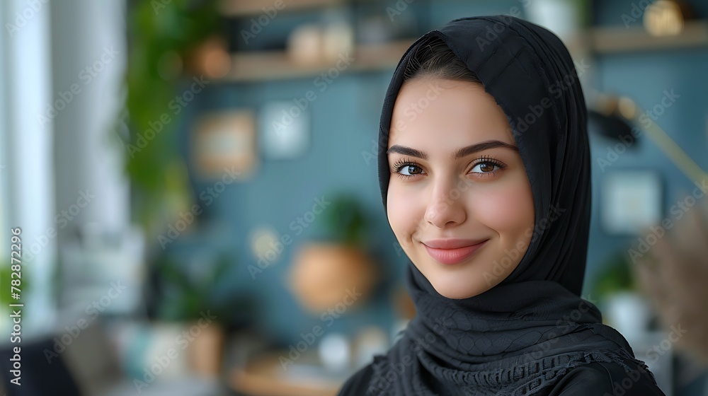 Portrait of a smiling young woman wearing a hijab in a modern indoor setting. Portrait of a smiling young woman wearing a hijab in a modern indoor setting.