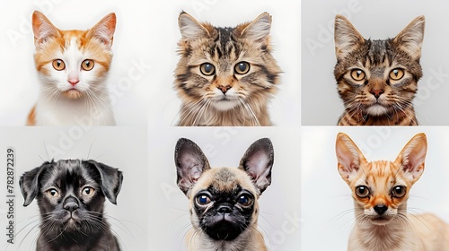 A collage of six diverse and expressive pet faces, featuring cats and dogs, on a clean white background. 