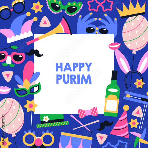 Happy Purim, square card design. Jewish holiday carnival, framed background. ...