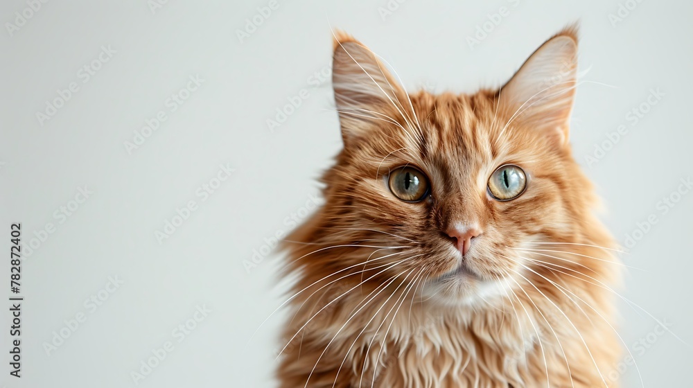 A close-up portrait of a domestic long-haired ginger cat with striking green eyes against a soft, neutral background. 