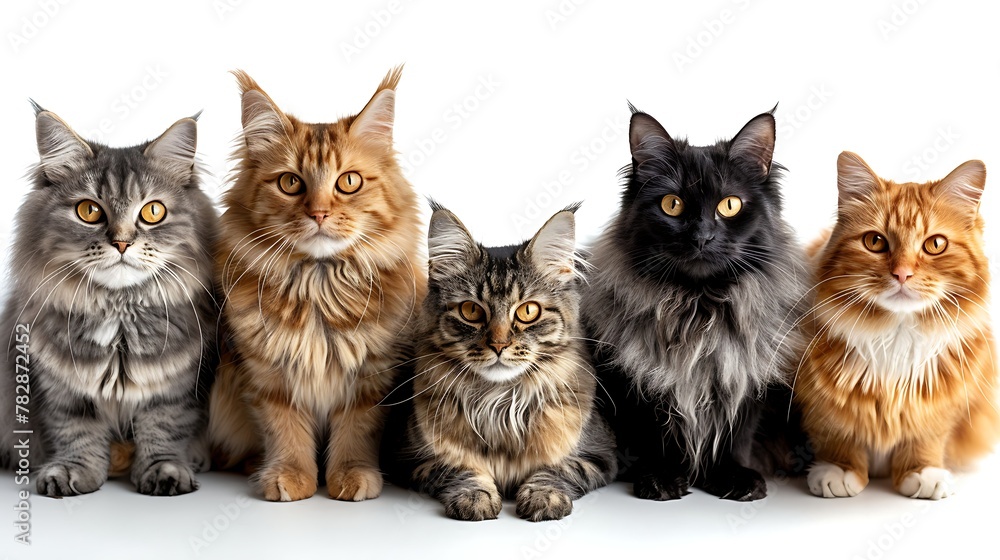 Five beautiful pedigree cats sitting side by side on a white background looking at the camera, perfect for pet-related content. 