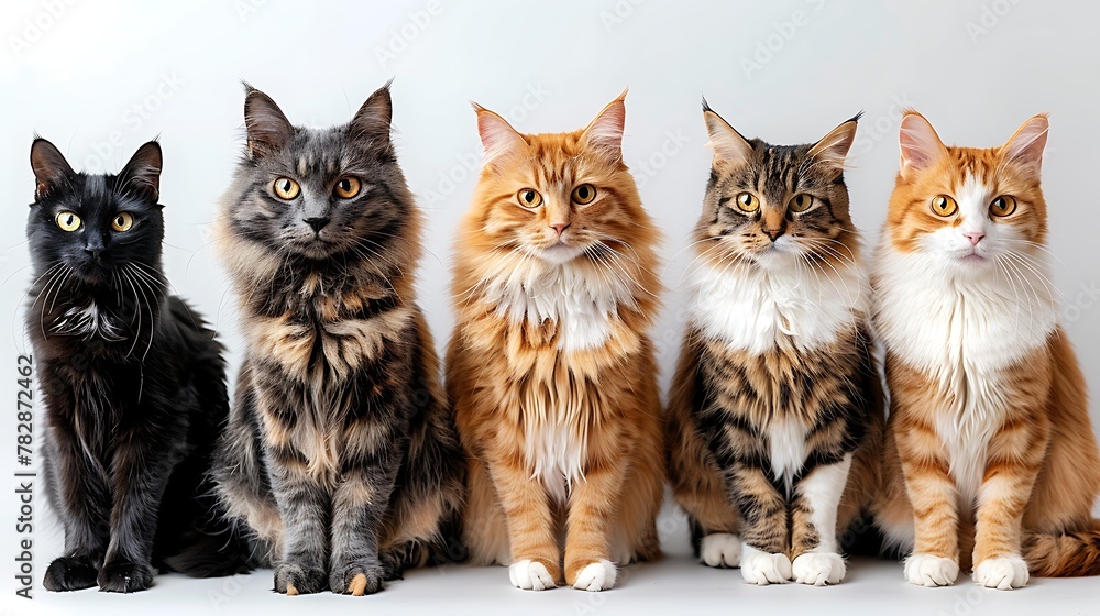 Five beautiful cats of various breeds sitting side by side against a light background looking at the camera with attentive expressions. Five beautiful cats of various breeds sitting side by side against a light background looking at the camera with attentive expressions.