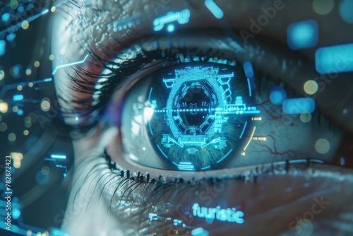 A computer generated eye with a blue iris and a blue computer chip in the center