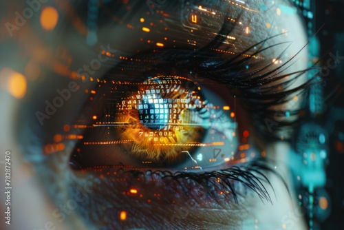 A close up of a woman's eye with a computer generated background