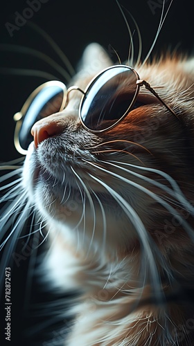 Elegant close-up of a cat wearing round sunglasses with a dark background exuding a cool and classy vibe. 