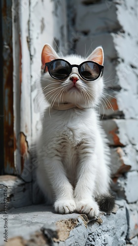 A stylish white cat wearing sunglasses sits elegantly by a window with peeling paint, exuding a cool demeanor and fashionable attitude. 