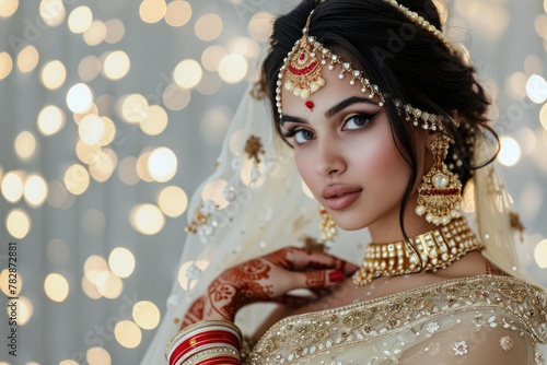 A beautiful Indian woman dressed in an elegant bridal outfit, Fictional Character Created by Generative AI. photo