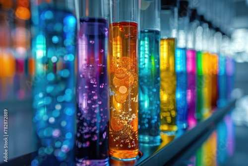 A row of colorful glass tubes filled with different colored liquids