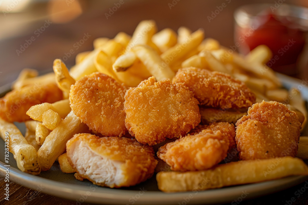 Delicious fried nuggets and french fries served on a table Delicious fried nuggets and french fries served on a table