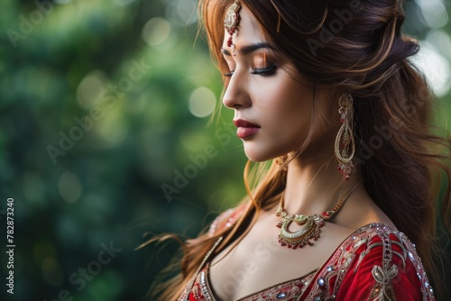  A beautiful Indian woman dressed in traditional likely a saree or lehenga with jewelry for wedding, casual Event or festival. Fictional Character Created by Generative AI.