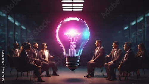A bright shining light bulb, surrounded by business people with new ideas, neon futuristic light effects. photo
