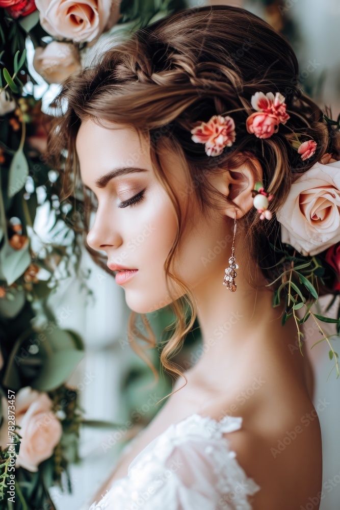  Wedding Hairstyle portrait of a beautiful bride wearing a white gown and her hair exquisite decorate with floral.		 Fictional Character Created by Generative AI.
