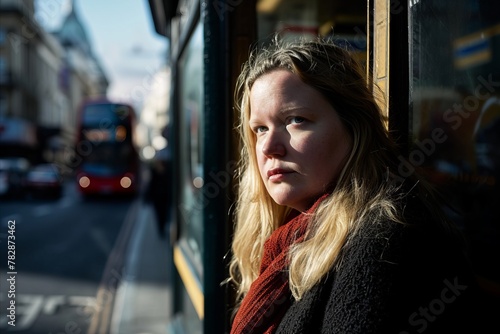 Portrait of a young woman on a bus in Paris, France